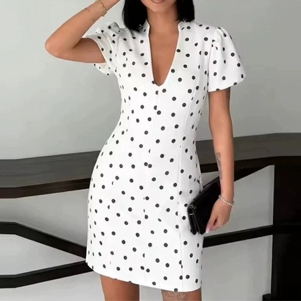 H&M Summer Simple Fashion Elegant Slim Fit Polka Dot Mini Dress